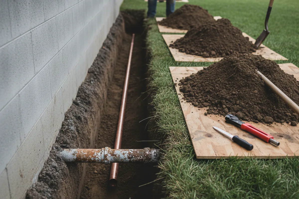 Excavated water line trench during Water Softener Installation in Stanton